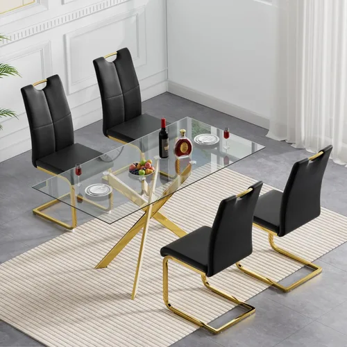 Vista 60 de Mesas de comedor redondas de 36 pulgadas, mesa de comedor moderna de cocina con base de metal cromado dorado, mesas de comedor redondas de vidrio