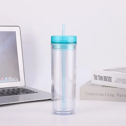 Vista 8 de Vaso de plástico con popote de doble pared con aislamiento de acrílico delgado con popote y tapa, 16 onzas, vaso de agua de moda delgado de doble
