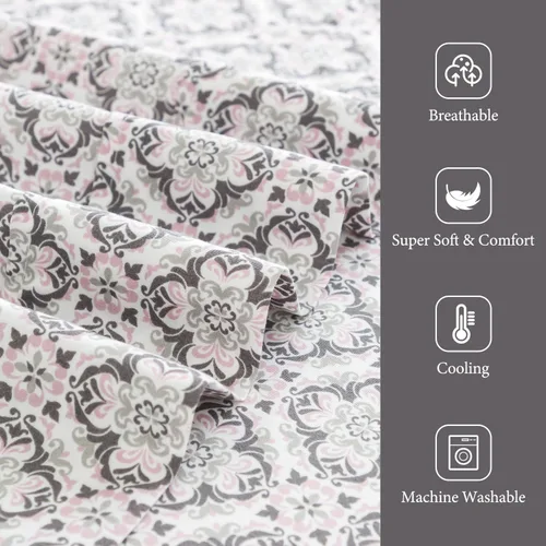 Vista 6 de KACEMOO Juego de sábanas Queen de 4 piezas con estampado floral beige, juego de sábanas bohemias de microfibra con bolsillo profundo, lujosas