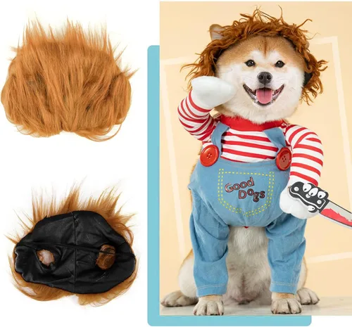 Vista 2 de Disfraz de Halloween para Perro, Divertido Disfraz de Chucky para Perro con Peluca para Mascotas, Disfraz de Cosplay Aterrador con Ropa de Cuchillo