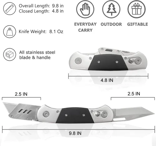 Vista 6 de Folding Utility Knife with Sheath and 10 Razor Blades, Heavy Duty Box Cutter Knife with Dual Blades, Construction Knifes Electrician Knife for