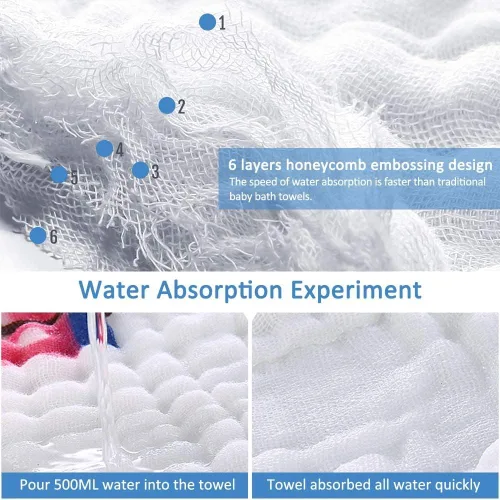 Vista 4 de Juego de 2 toallas de baño para bebé, manta de muselina para bebé, 6 capas de 41.5 x 41.5 pulgadas, paños de muselina de algodón extra suave