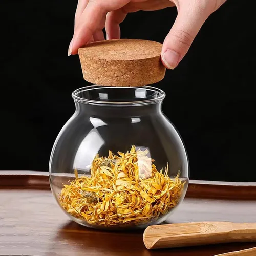 Vista 5 de Juego de 2 tarros redondos de vidrio con tapa de corcho, tarro de almacenamiento de cocina de 17 onzas, perfecto para té, galletas, cereales