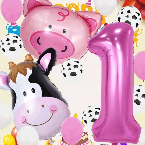 Vista 2 de InBy 18 globos de animales de granja para decoración de fiesta de primer cumpleaños, cabeza de vaca de cerdo, arco de globos con temática