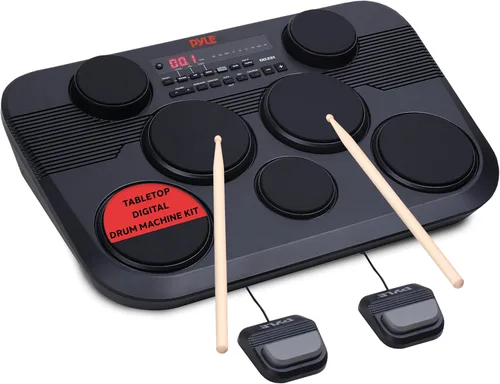 Vista 8 de Juego de batería digital de mesa electrónico Pyle, kit compacto y portátil de almohadillas táctiles con 8 pads y pedales, 600 sonidos, salidas USB