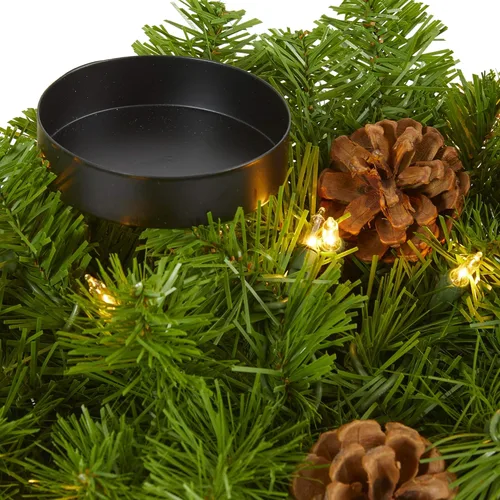 Vista 3 de Nearly Natural Candelabro doble de Navidad artificial de 24 pulgadas con 35 luces blancas cálidas y piñas