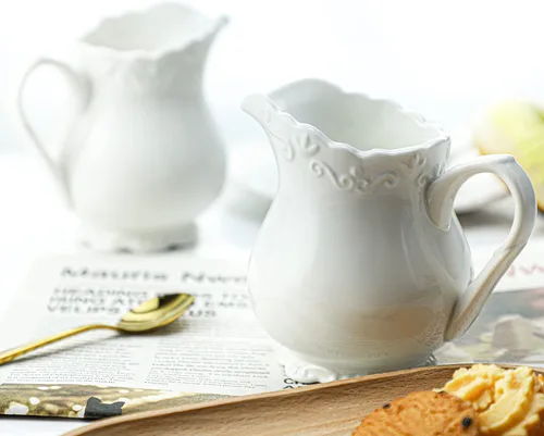 Vista 5 de Crema de cerámica blanca pura vintage con asa, jarra de crema de leche de café de 6 onzas