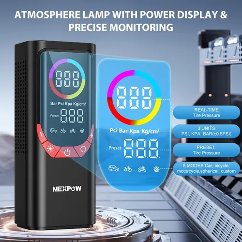 Vista 4 de NEXPOW NP17 Compresor de Aire Portátil, Inflador de Neumáticos Digital de 150 PSI, Inflado Rápido con Apagado Automático, Luz LED, Múltiples