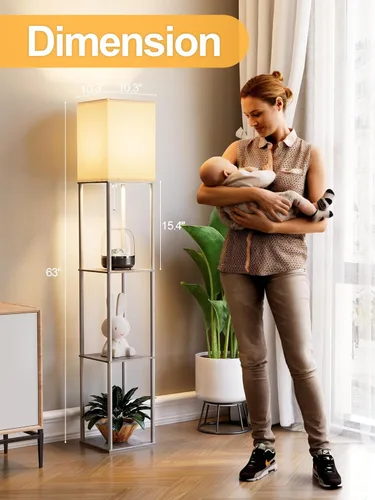 Vista 4 de Lámpara de pie con estantes para sala de estar roble gris, lámpara de pie con estante con bombilla LED de 3 CCT, lámpara de columna de pie