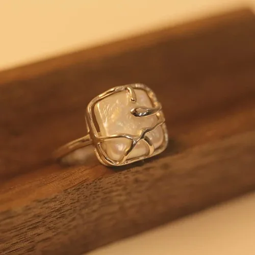 Vista 8 de SEEMSAY Anillo de Perla Barroca de Plata para Mujeres Anillo de Plata de Ley 925