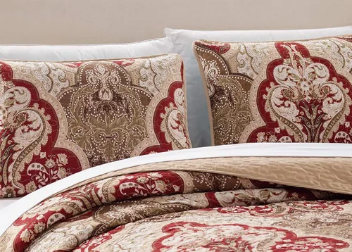 Vista 2 de Luxury Home Collection - Juego de 3 piezas de funda de cama reversible acolchada, tamaño matrimonial/Queen, con estampado floral, taupe rojo