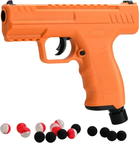 Beeman Protect BP50 - Lanzador de proyectiles naranja calibre .50, pistola de aire alimentada con CO2 con 8 bolas de pimienta y 8 bolas de acero, no