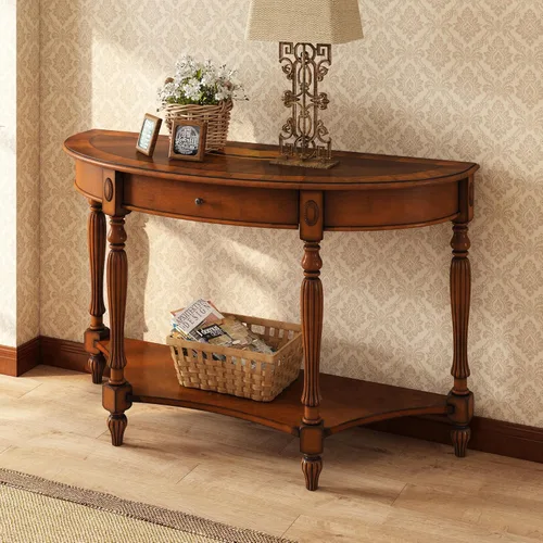 Vista 19 de PADMA HOUSE Mesa de sofá semicírculo tradicional de madera maciza con tapa de vidrio templado para sala de estar, nogal cereza