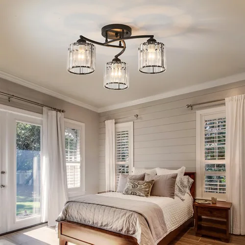 Vista 6 de Candelabro de cristal negro, lámpara de techo de 3 luces, accesorio de iluminación moderno para sala de estar, comedor, dormitorio