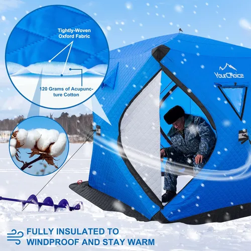 Vista 3 de Your Choice Tienda emergente para pesca en hielo para 3-4 personas, completamente aislada, a prueba de viento y cálida, equipo y accesorios de pesca