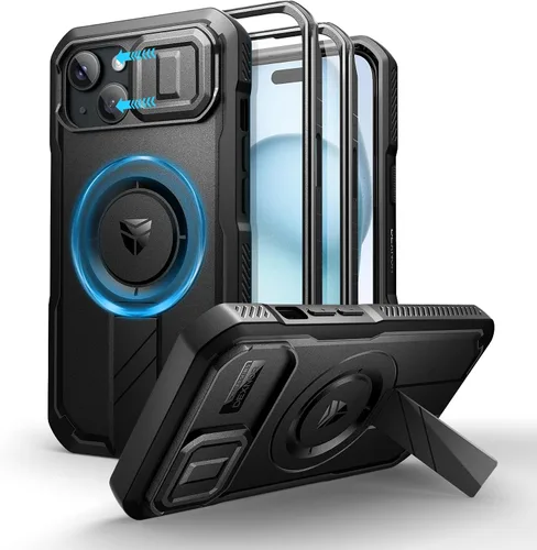 Vista 102 de Dexnor - Funda para iPhone 14 Pro Max con tapa deslizante para cámara, soporte ajustable y protector de pantalla integrado, carcasa magnética Negro