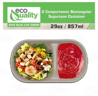 Vista 5 de Cuencos desechables de 29 onzas – 2 compartimentos rectangulares compostables de fibra de caña de azúcar, cuencos de papel biodegradables ecológicos