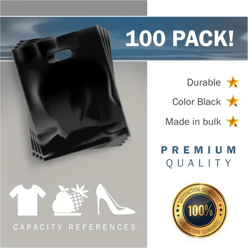 Vista 6 de Black Merchandise - Bolsas de plástico para compras, paquete de 100 unidades de 12 x 15 pulgadas con 1.5 mil de grosor, asas troqueladas, perfectas