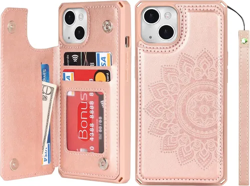 Vista 20 de iCoverCase Funda cartera compatible con iPhone 13 con soporte para tarjetas para mujeres, funda con correa de muñeca de cuero PU en relieve