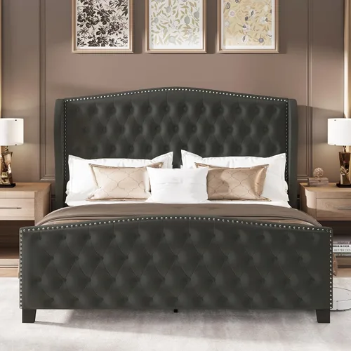 Vista 7 de LARMACE Base de cama tamaño King con plataforma tapizada de terciopelo con cabecera con respaldo de alas y pie de cama, base de cama capitoné