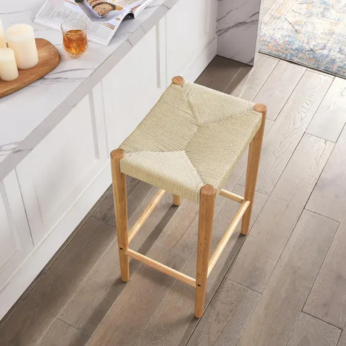 Vista 3 de Taburete de bar de cuerda tejida de 25.9 pulgadas, cuerda de papel hecha y hecho a mano, se puede utilizar como taburete de mostrador, taburete