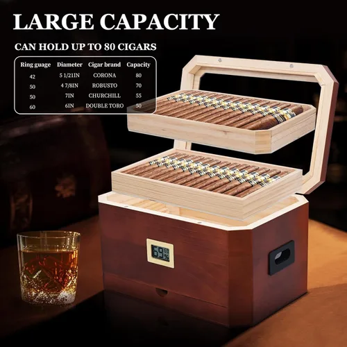 Vista 3 de Humidor de puros, humidor de madera de cedro de Nueva Zelanda, humidor de escritorio con tapa de vidrio con higrómetro frontal y accesorios