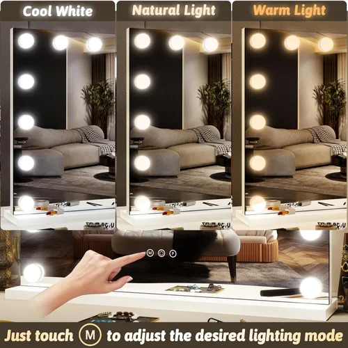 Vista 2 de FENNIO Hollywood - Espejo de tocador con luces de 23 x 18, espejo grande iluminado para maquillaje con 15 bombillas LED regulables, iluminación de 3