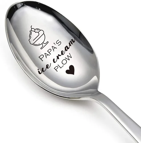 Papa's Ice Cream Plow - Divertida cuchara grabada de acero inoxidable, cuchara de té de café con mango largo, para postre para helado, para papá,