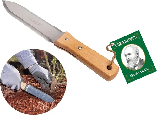 Grampa's - Cuchillo de jardín versátil de 7 pulgadas Hori Hori con hoja de acero recta y dentada. Herramienta de mano de jardín resistente para