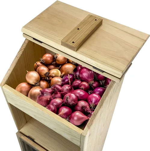 Vista 2 de Peaceful Classics Contenedores de almacenamiento de pan de madera, contenedor decorativo de almacenamiento de papas y cebollas, papelera de papa