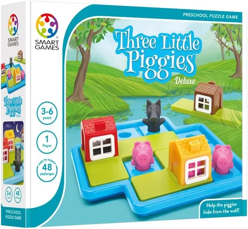 Vista 3 de SmartGames Three Little Piggies – Juego de rompecabezas lógico para preescolar con 48 desafíos y libro de cuentos – Rompecabezas educativo de cuento