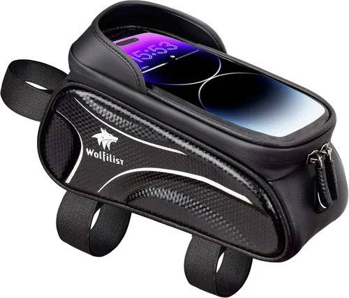 Vista 8 de WOLFILIST Bolsa de bicicleta - Bolsa impermeable para marco de bicicleta con cubierta de lluvia para visera solar, soporte para teléfono