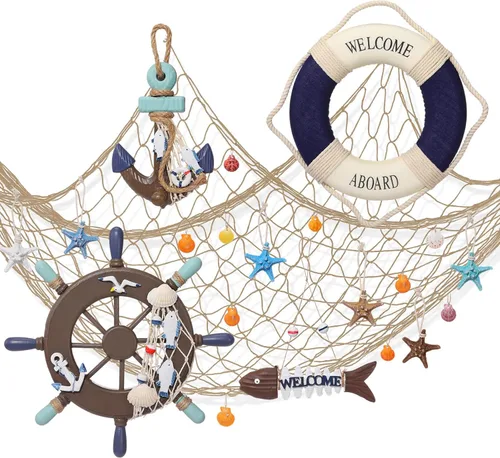 Vista 11 de Marsui 11 piezas de decoración de pared náutica de madera para decoración de pared, incluye red de pesca decorativa, rueda de barco, esqueleto