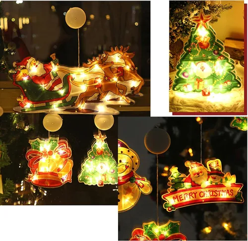 Vista 3 de 6 luces de decoración de ventana de Navidad, luces decorativas colgantes de Navidad, muñeco de nieve iluminado, Papá Noel, luces de árboles