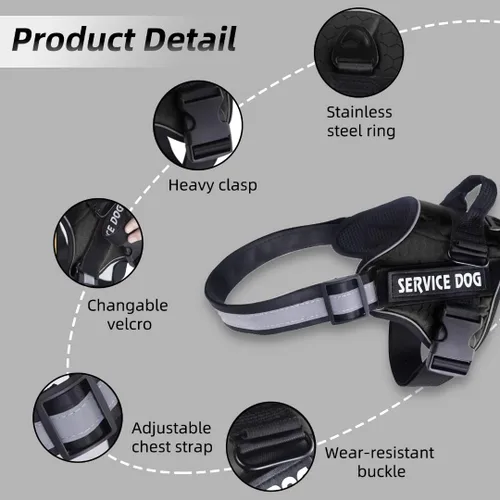 Vista 2 de Peswety Service Dog Vest Harness in Training Pet No Pull Pet Puppy Harnesses Free 5ft Dog Leash 3M Reflective Breathable Small Medium Large(Black XS)