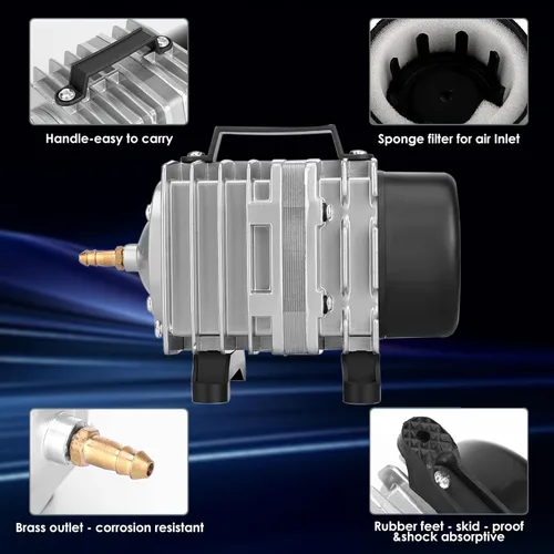 Vista 4 de Bomba de aire para acuario FUMAK con carcasa de aluminio, bomba de aire comercial con colector de aire de 6 salidas, aireador de estanque