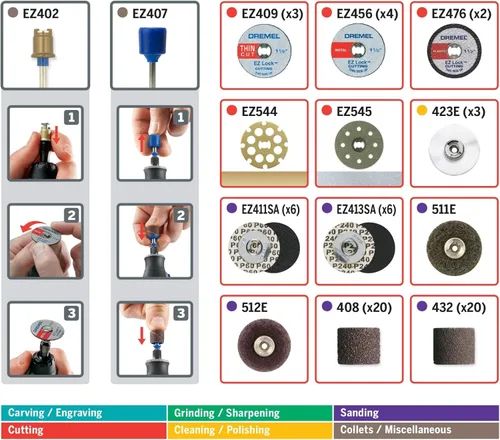 Vista 3 de Dremel EZ725 - Juego de accesorios de herramientas rotativas multiusos de 70 piezas con kit de almacenamiento, EZ-Lock y tambor EZ para cambios