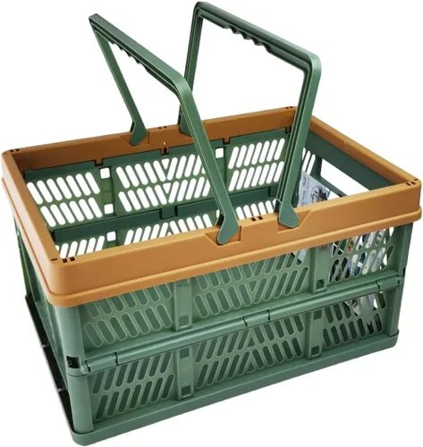 Vista 2 de Cesta de plástico plegable duradera con 2 asas, cestas de compras reutilizables para comestibles; pequeñas cajas de almacenamiento plegables