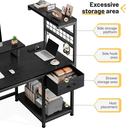 Vista 3 de EnHomee Escritorio para juegos de 40 pulgadas con tomas de corriente y luces LED, escritorio para computadora con cajón y estante de almacenamiento