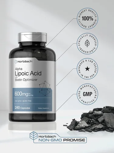 Vista 5 de Horbäach Ácido alfa lipoico de 600 mg 240 cápsulas con optimizador de biotina Suplemento sin OMG y sin gluten