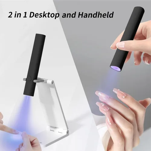 Vista 5 de Luz UV para uñas de gel, mini lámpara LED U V de mano con soporte, secador de uñas portátil recargable USB inalámbrico para secado rápido, negro
