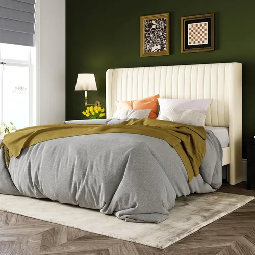 Vista 17 de Allewie Marco de cama de terciopelo de tamaño matrimonial, cabecera capitoné vertical con respaldo de ala, plataforma tapizada, listones de madera