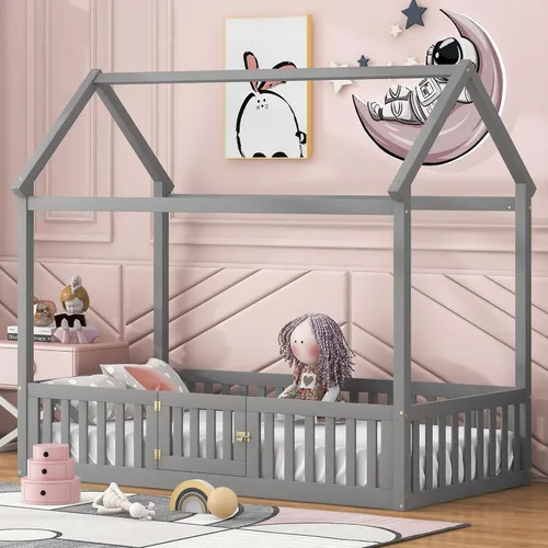 Vista 3 de Merax Cama de madera de tamaño individual con valla y puerta, marco de cama de madera con techo para adolescentes, niños o niñas, gris