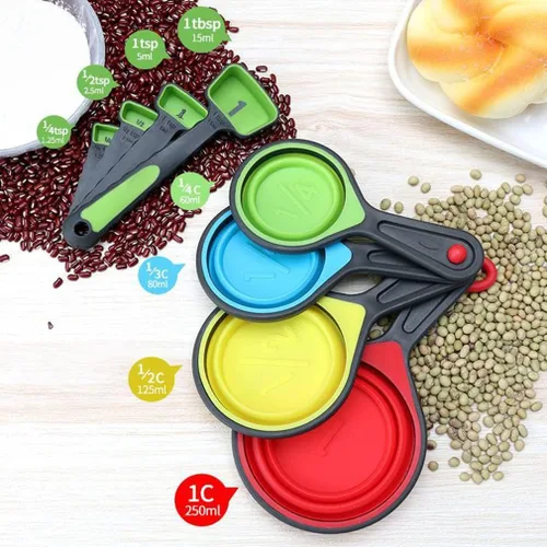 Vista 3 de Juego de tazas y cucharas medidoras plegables, marcas para medición de líquidos y secos, espátula de silicona, embudo de silicona, cepillo