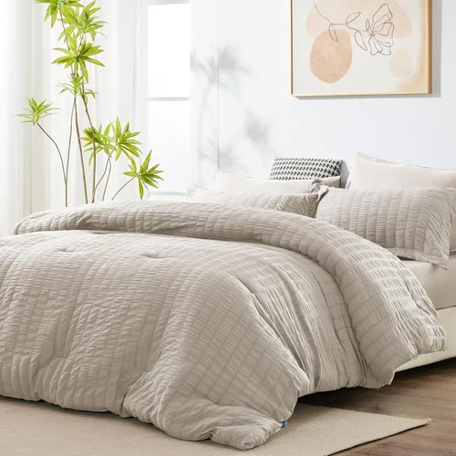Vista 8 de CozyLux Juego de edredón de sirsaca tamaño matrimonial con sábanas, ropa de cama beige en una bolsa, 7 piezas, juegos de ropa de cama para todas