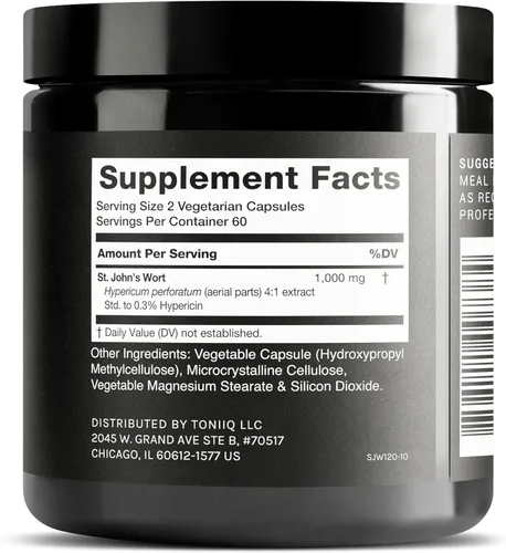 Vista 2 de Toniiq Cápsulas de hierba de San Juan de ultra alta resistencia de 1,000 mg (sin OMG), extracto concentrado 4X, hipericina al 0,3%, altamente