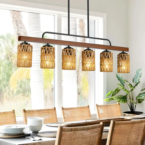 Vista 8 de Lámpara de comedor de granja sobre mesa, iluminación de isla de cocina de madera negra de 4 luces con vidrio blanco leche, lámparas colgantes