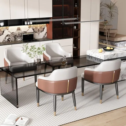 Vista 3 de Sillas de comedor, Century Modern sillas de comedor con brazos, asiento de cuero y patas de metal, sillas para comedor (marrón)