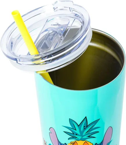 Vista 4 de Silver Buffalo Lilo and Stitch Ohana Means Family Pineapple - Vaso de acero inoxidable de doble pared de 22 onzas con popote