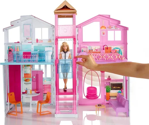 Vista 3 de Barbie Casa de muñecas de 3 pisos con ascensor, silla de columpio, muebles y accesorios, plegable para portabilidad y viajes (exclusivo de Amazon)